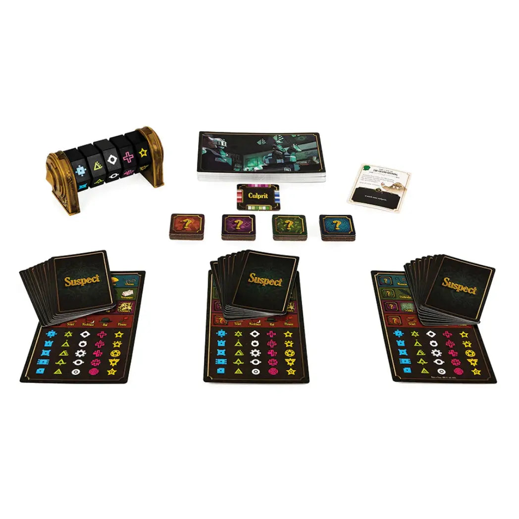 5-Minute Mystery board game components including a codex, suspect cards, and colorful clue tiles.