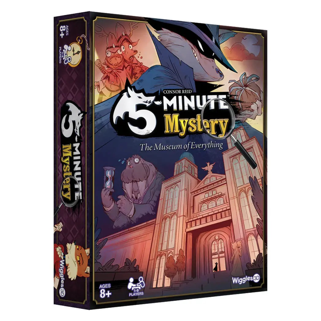 5-Minute Mystery board game featuring a fox detective and a walrus in front of a museum on a purple and orange background.