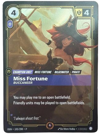 Miss Fortune - Buccaneer (193/298) - Riftbound Organized Play Promotional Cards Foil - Riftbound Organized Play Promotional Cards - Card Brawlers | Quebec | Canada |