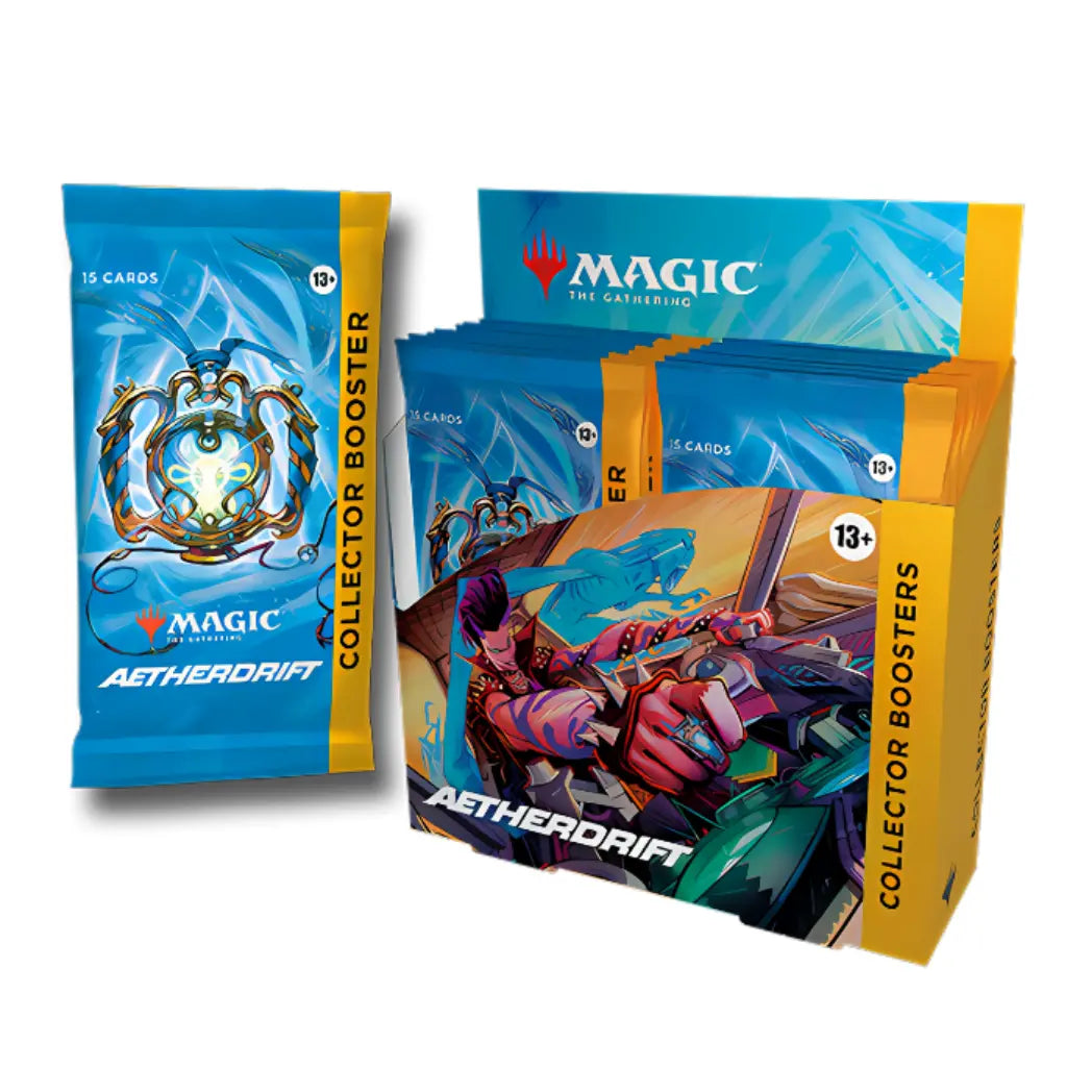 Magic: The Gathering Aetherdrift Collector Booster Display featuring a driver on a high-speed vehicle against a vibrant yellow and blue background with a collector booster pack beside it.