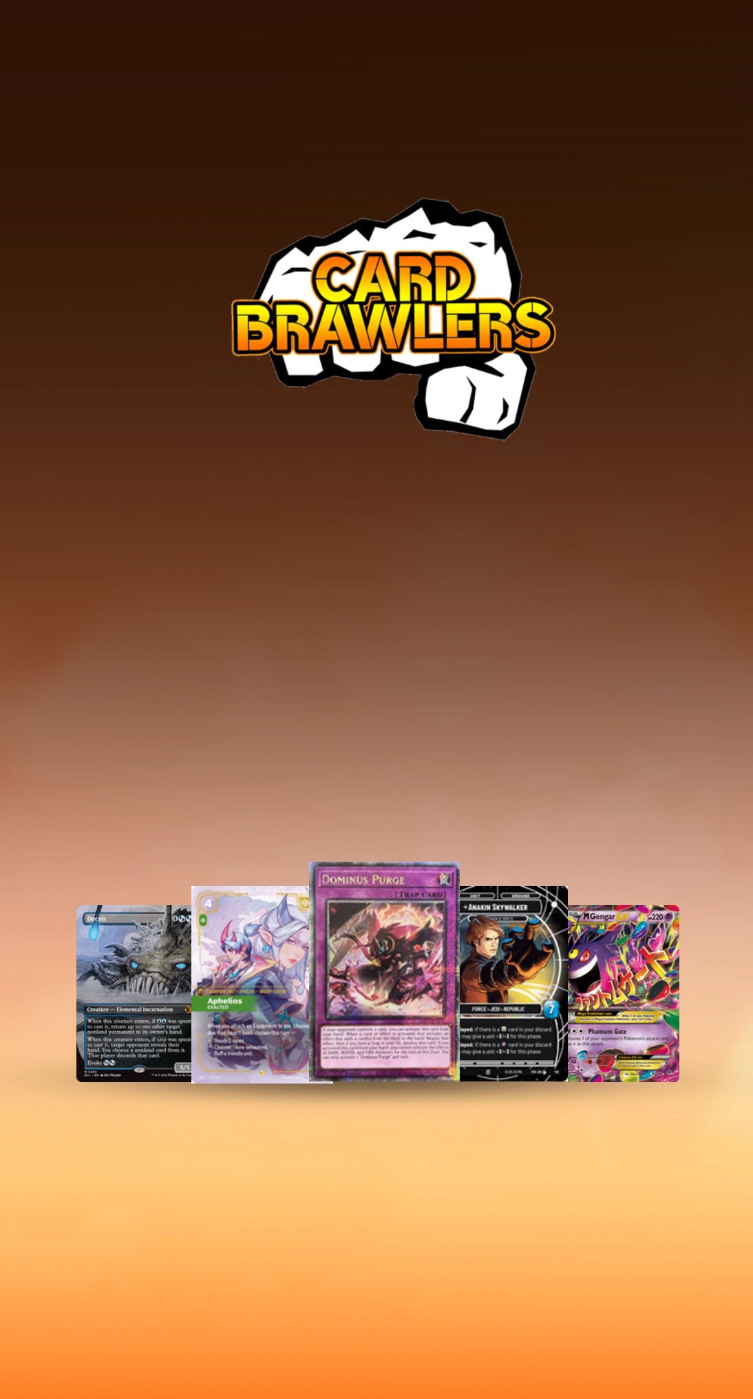 Web Banner for Card Brawlers buylist featuring cards from Yu-Gi-Oh!, Riftbound, Pokemon, star wars and MTG on a orange and yellow background