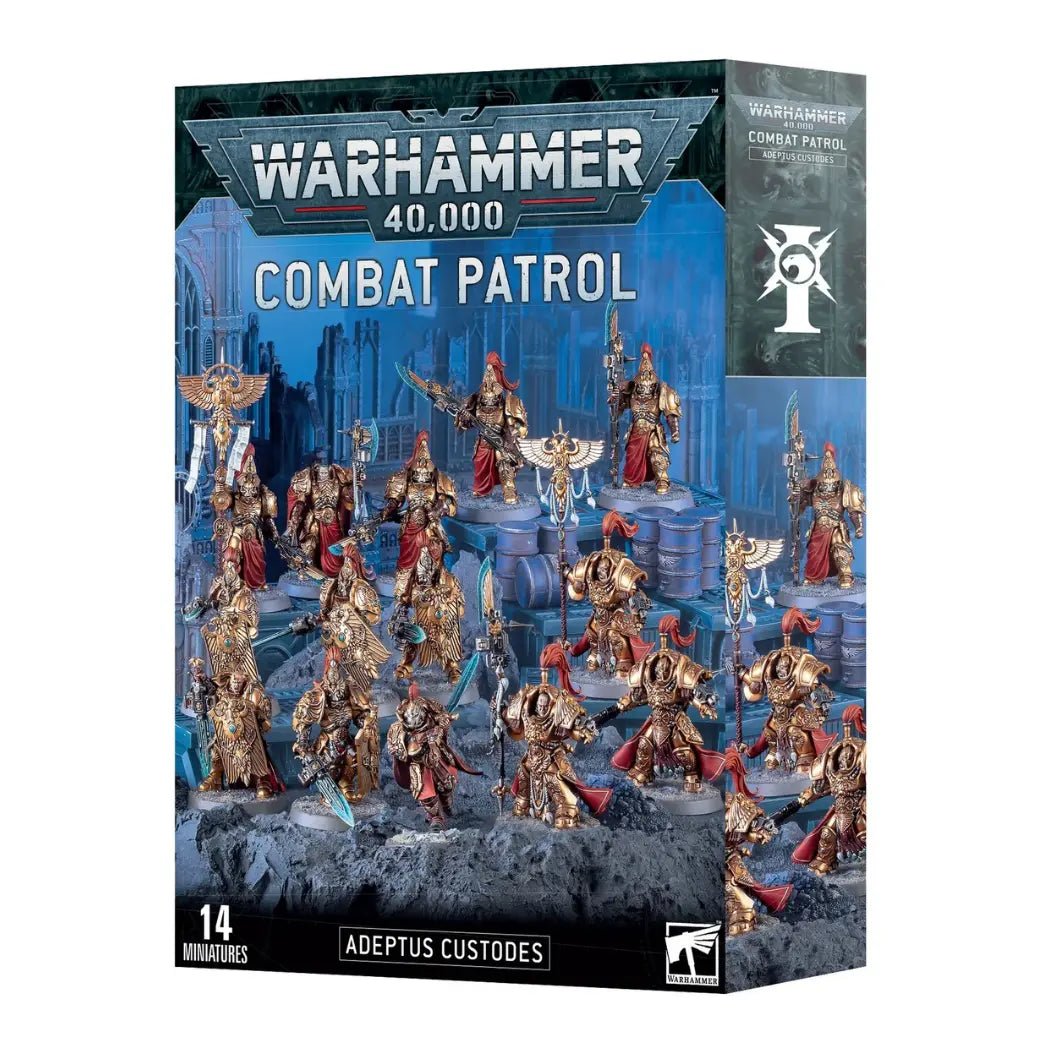 Warhammer 40,000 Adeptus Custodes Combat Patrol box featuring golden-armored warriors with red plumes against a blue background.