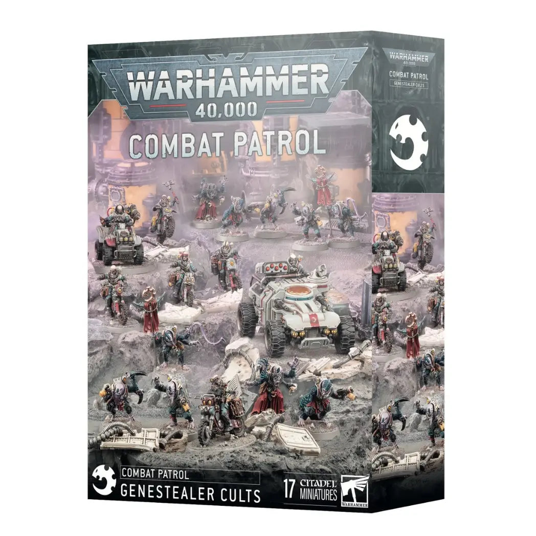 Warhammer 40,000 Genestealer Cults box featuring mutant rebels and industrial vehicles on a dusty, grey industrial terrain.