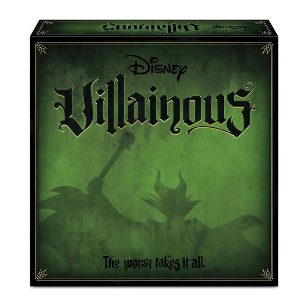 Disney Villainous board game box featuring a dark green silhouette of Maleficent against a textured lime green background.