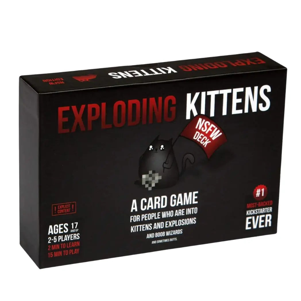 Exploding Kittens NSFW Edition card game box featuring a black cat holding a red flag saying NSFW Deck on a black background.