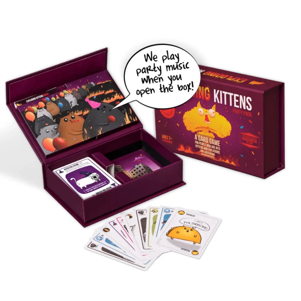 Exploding Kittens Party Pack open box showing game cards and a speech bubble mentioning party music.