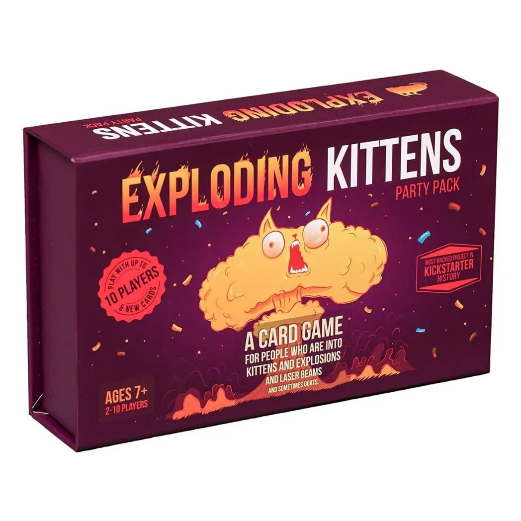 Exploding Kittens Party Pack box featuring a screaming cat shaped like a yellow mushroom cloud on a dark purple background.