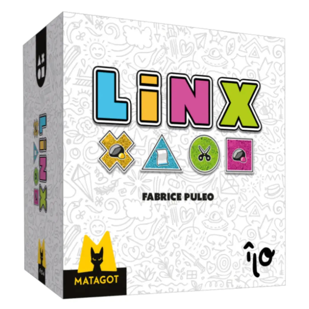 Linx board game box featuring colorful block letters and rock-paper-scissors icons over a white background with doodle art.