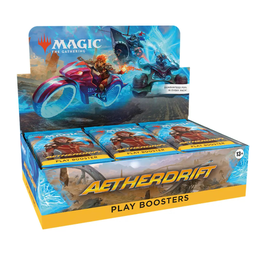 Magic: The Gathering Aetherdrift Play Booster Display featuring a driver on a pink motorcycle against a desert landscape.
