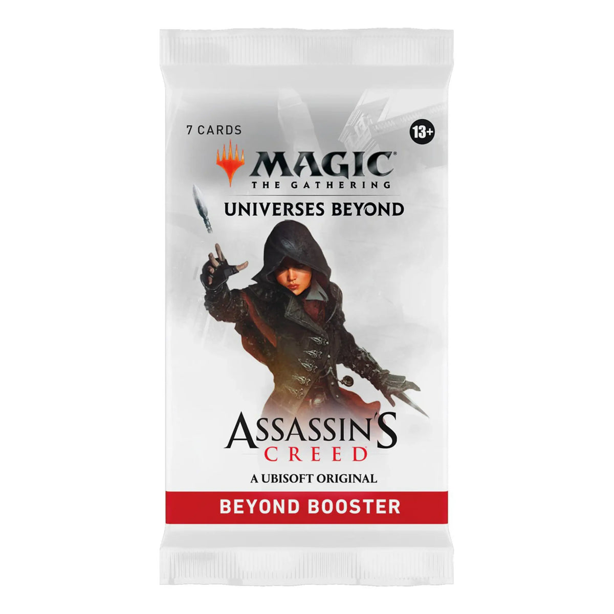 Magic: The Gathering Assassin’s Creed Beyond Booster featuring a hooded assassin in black and red on a white background