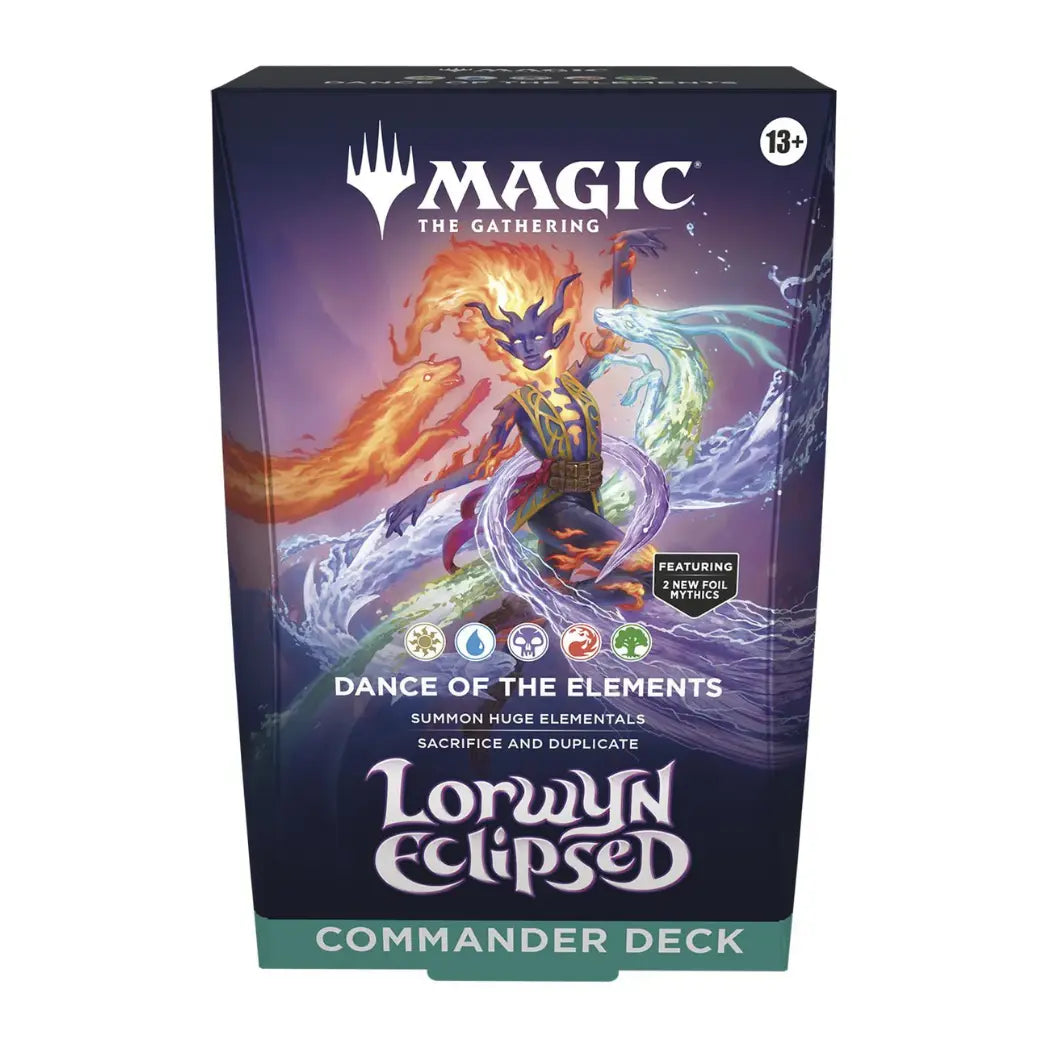 Magic: The Gathering Dance of the Elements Commander Deck featuring a purple figure surrounded by fire and water elementals.