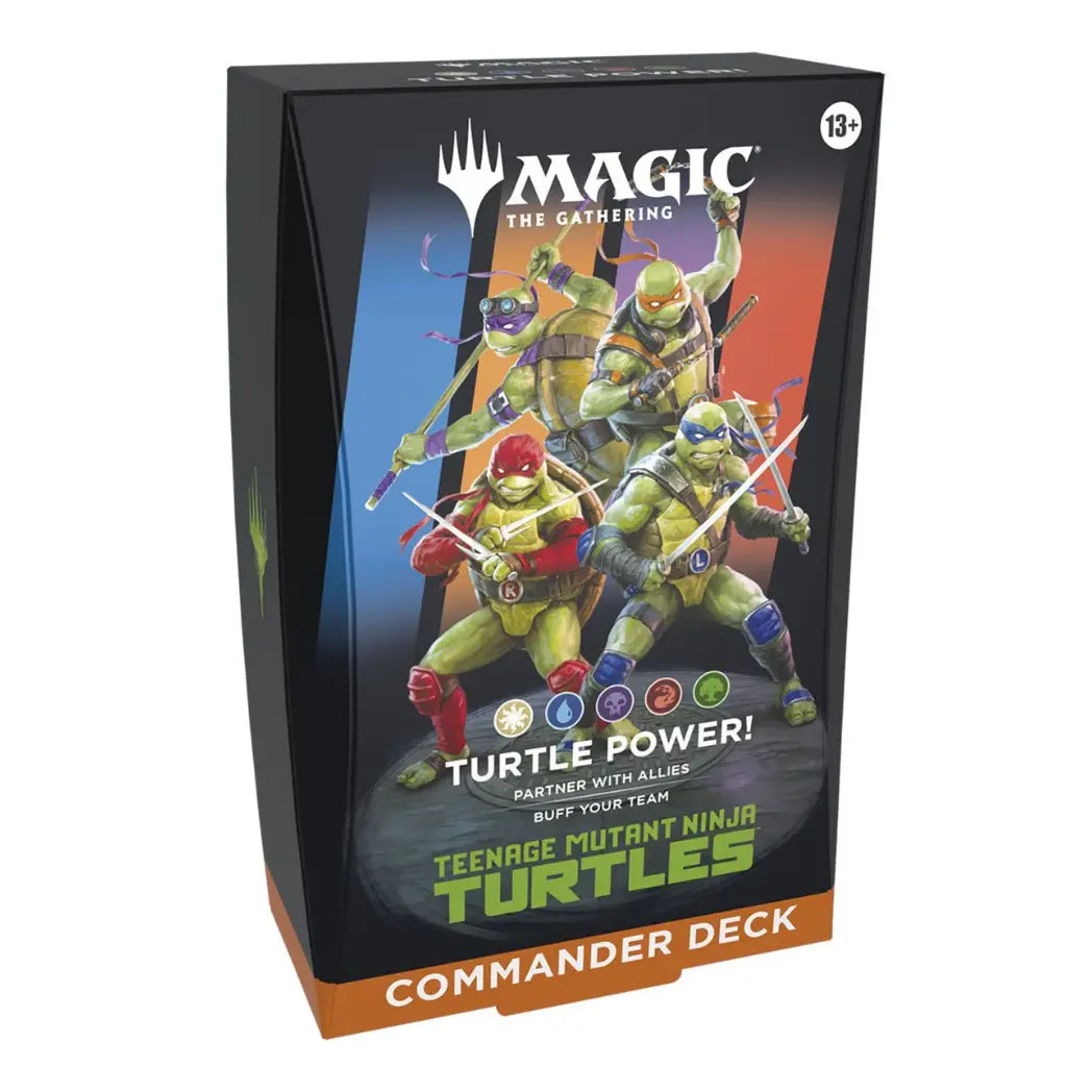 Magic: The Gathering Turtle Power! Commander Deck featuring the four Ninja Turtles on a black and orange background.