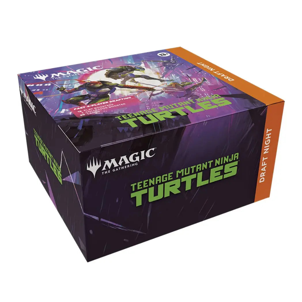 Magic: The Gathering Teenage Mutant Ninja Turtles Draft Night box featuring the four Turtles on a purple and orange city background.