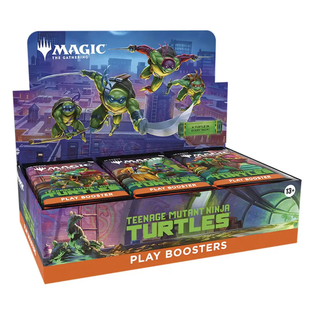 Magic: The Gathering Teenage Mutant Ninja Turtles Play Booster Display featuring the four Turtles over a purple city background.