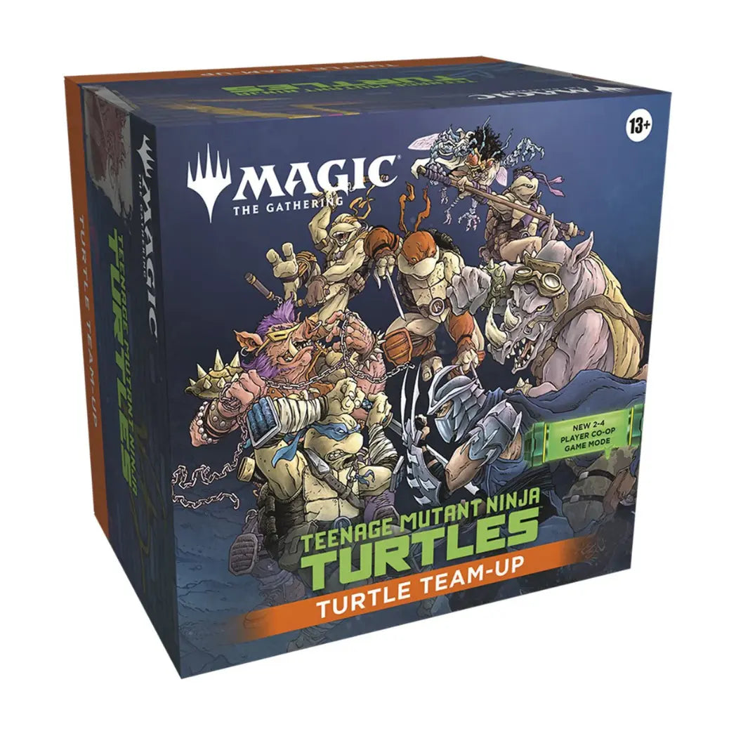 Magic: The Gathering Turtle Team-Up box featuring the Ninja Turtles, Shredder, Bebop, and Rocksteady on a dark blue background.
