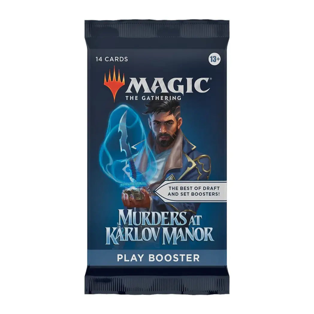 Magic: The Gathering Murders at Karlov Manor Play Booster featuring Alquist Proft holding a glowing blue dagger against a dark background.