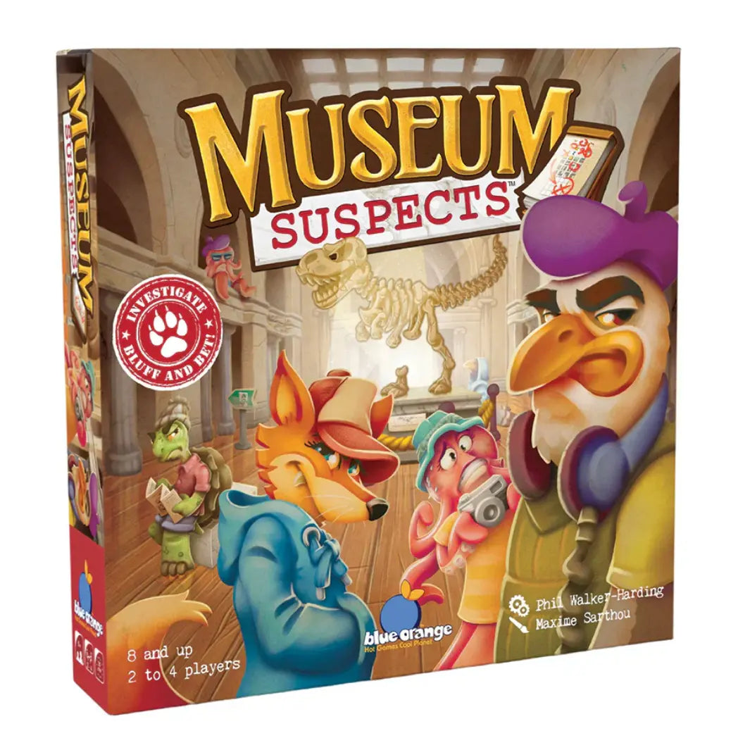 Museum Suspects board game box featuring a fox and other animal characters in a museum with a dinosaur skeleton.