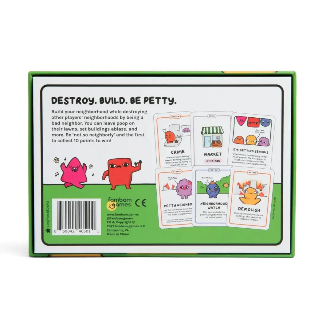 Not So Neighborly back of box featuring game description, several cartoon cards, and two characters who are pink and red.