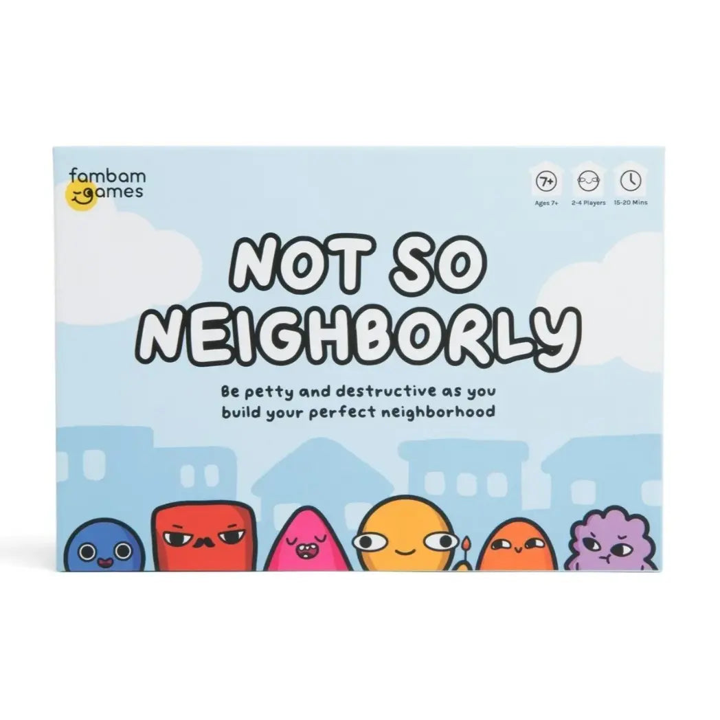 Not So Neighborly board game box featuring several colorful, expressive cartoon blobs against a blue sky and suburban silhouette.