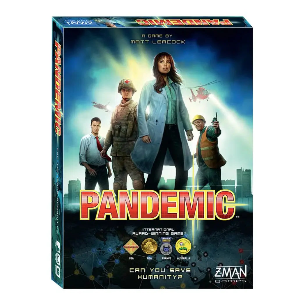 Pandemic board game box featuring four specialists standing against a glowing blue map and dark city skyline background.