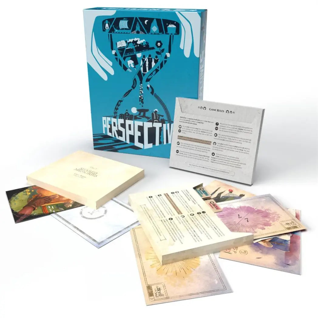 Perspectives board game components including various case files, rule sheets, and art cards spread before the game box.