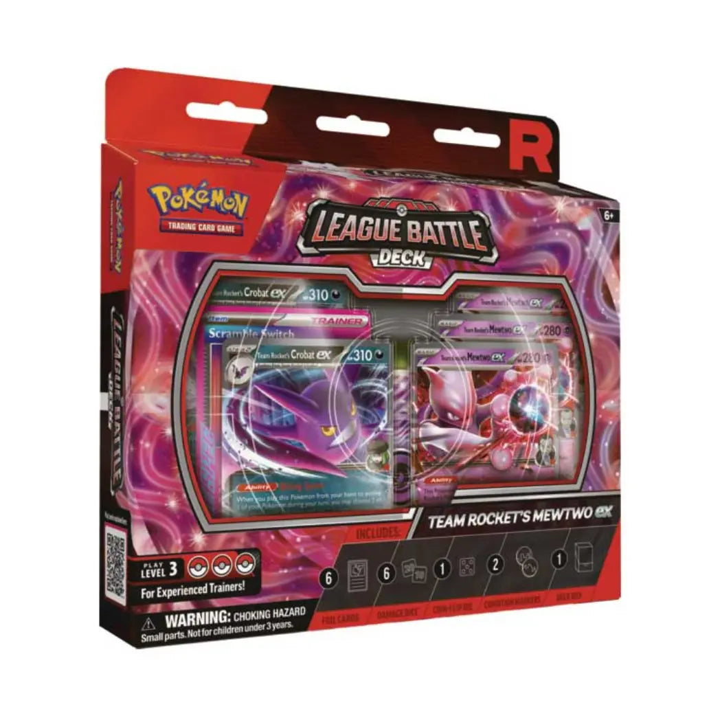 Team Rocket's Mewtwo ex League Battle Deck featuring Mewtwo and Crobat on a swirling purple and pink background.