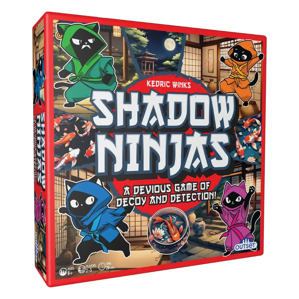 Shadow Ninjas board game box featuring four colorful cartoon cat ninjas against a traditional Japanese night scene.