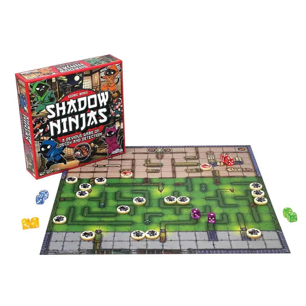 Shadow Ninjas game board featuring a green hedge maze and wooden floor sections populated by numerous circular ninja cat tokens.
