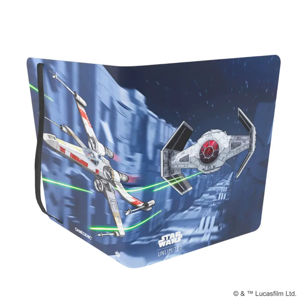 Open Star Wars: Unlimited 18-pocket album featuring an X-wing and a TIE Advanced in a trench on a blue and black background