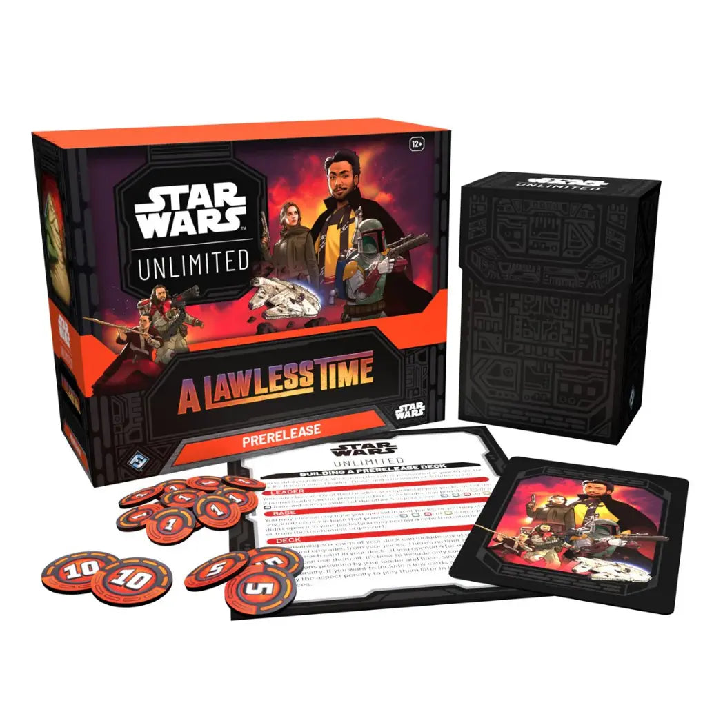 Star Wars: Unlimited - A Lawless Time prerelease box and game components featuring Lando Calrissian, Jyn Erso, and Boba Fett on a black and orange background