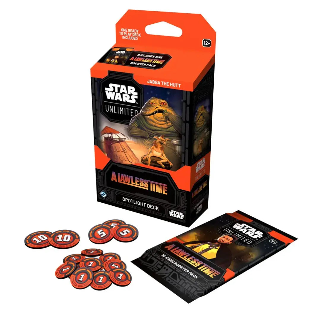 Star Wars: Unlimited - A Lawless Time Spotlight Deck box featuring Jabba the Hutt on an orange and black background