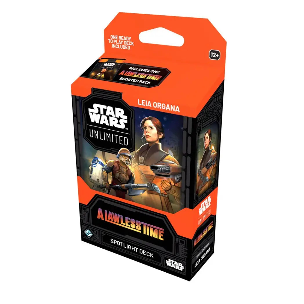 Star Wars: Unlimited - A Lawless Time Spotlight Deck box featuring Leia Organa on an orange and black background