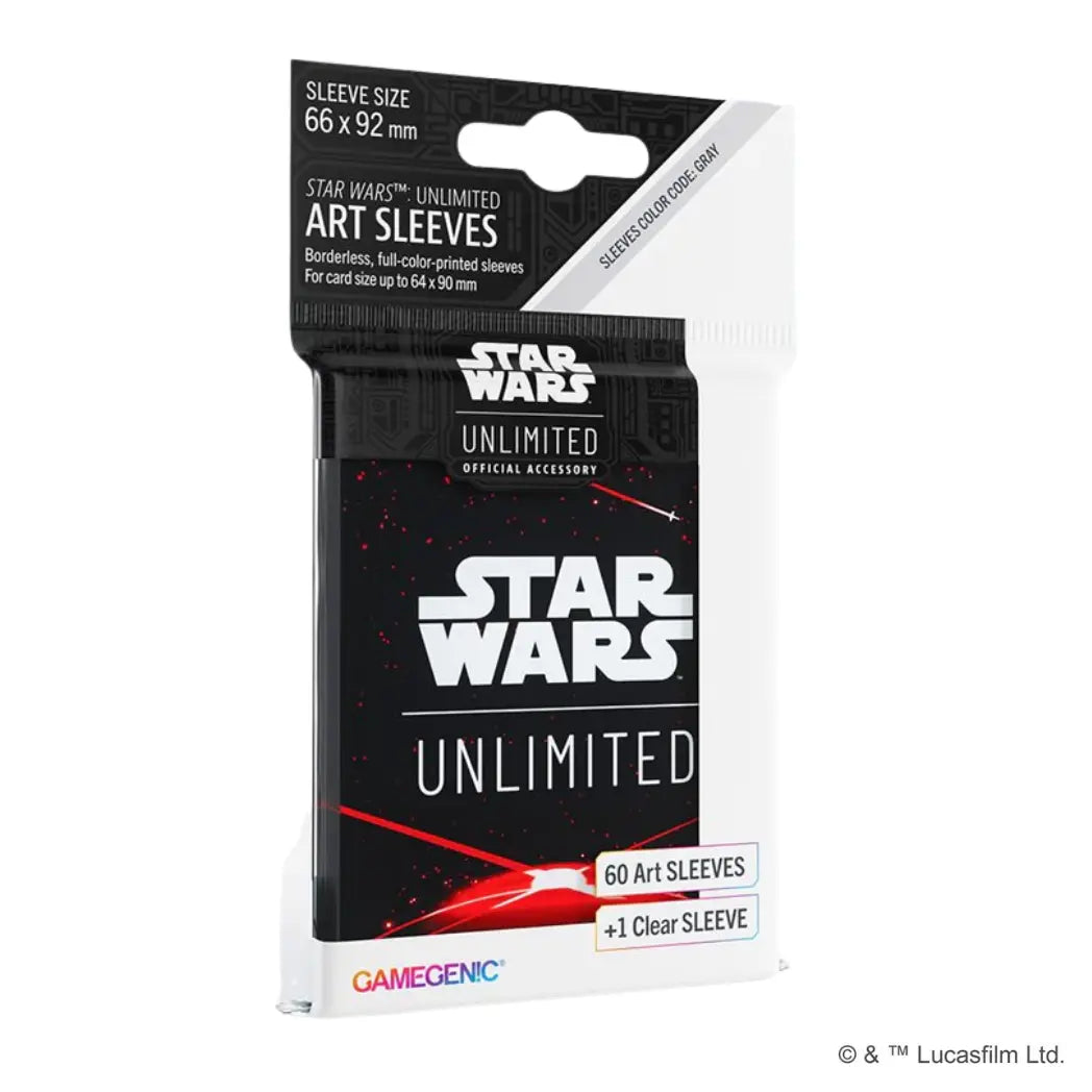 Star Wars Unlimited Space Red card sleeves. A black sleeve features the game logo over a red horizon and lasers.