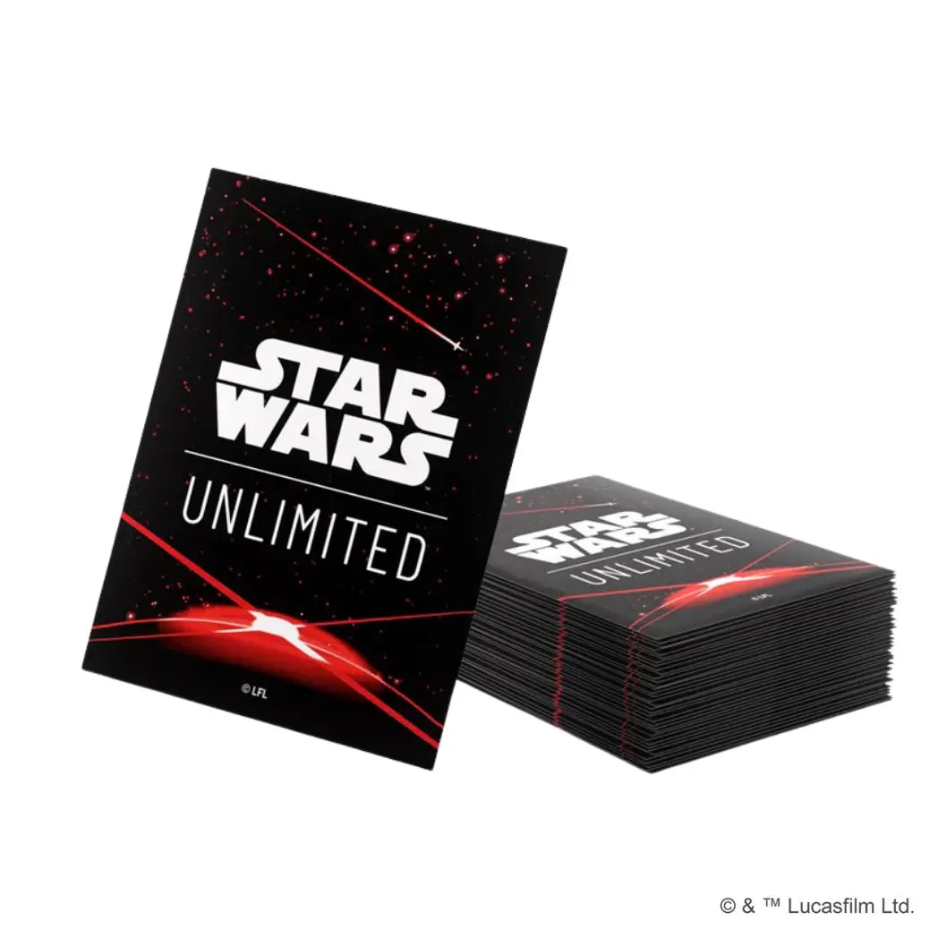 Star Wars Unlimited Space Red sleeves. A single sleeve leans against a stack, both showing a red horizon and lasers.