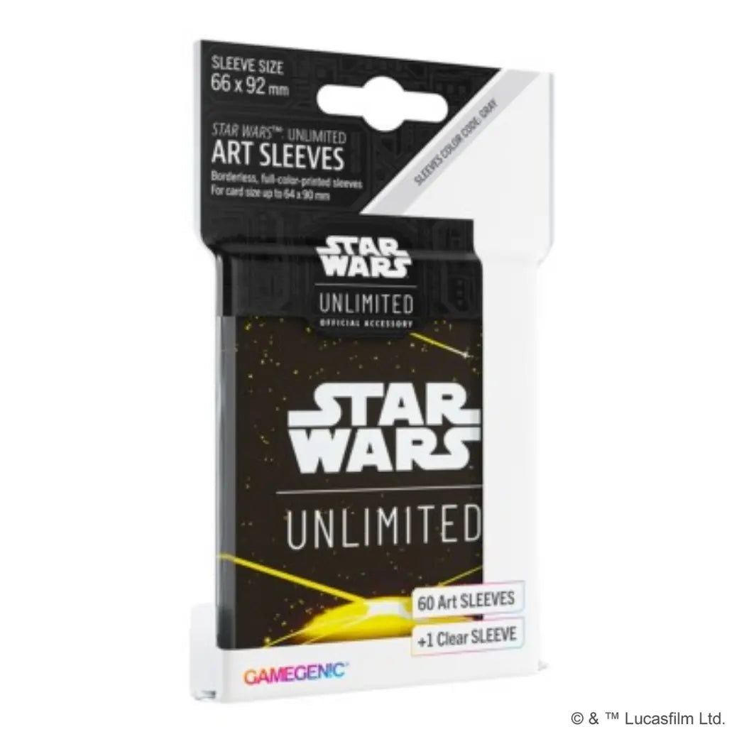 Star Wars: Unlimited art sleeves featuring the Star Wars: Unlimited card back on a yellow and black background