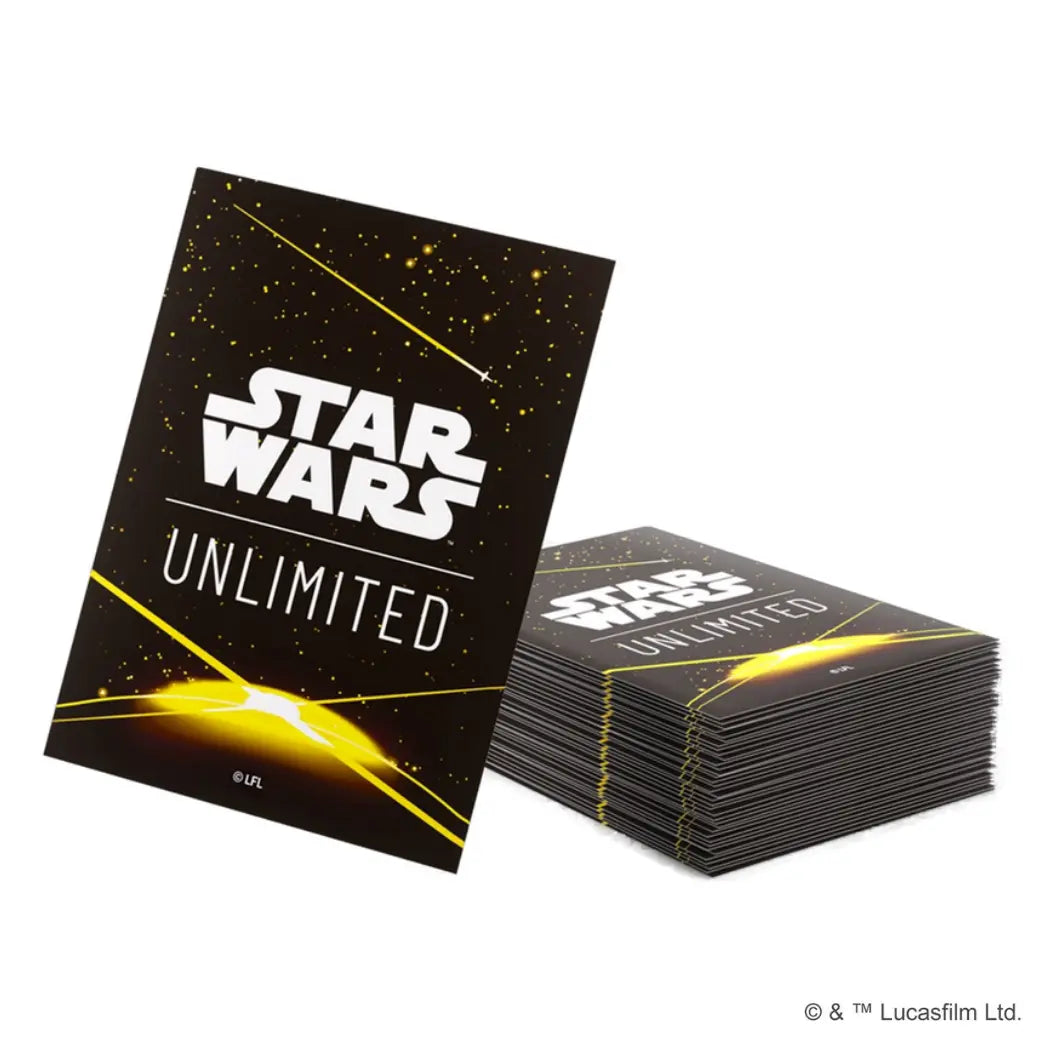 Star Wars: Unlimited art sleeves featuring the Star Wars: Unlimited card back on a yellow and black background