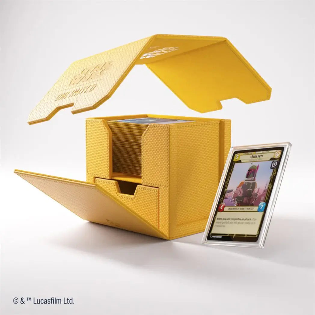 Yellow Deck Pod disassembled into three parts: the main card box, a removable lid, and a fold-out token drawer.