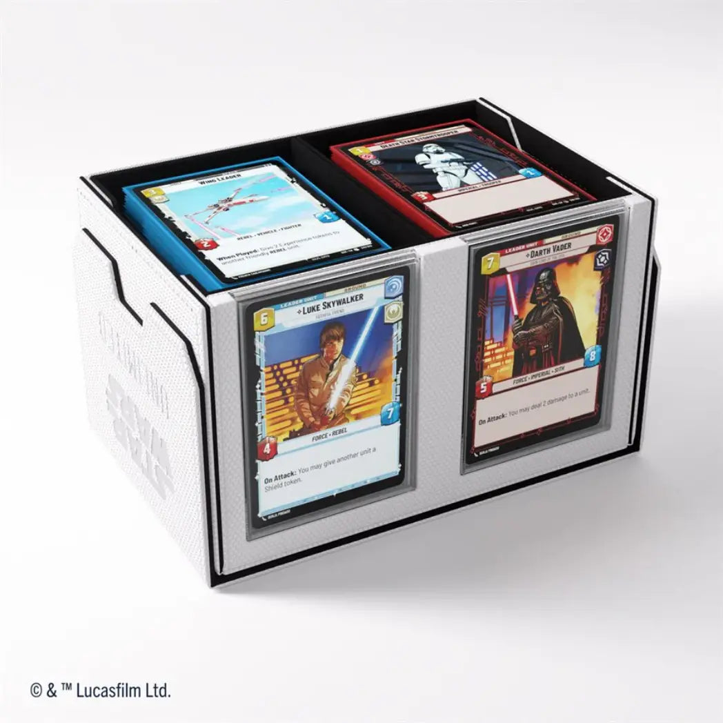 White Double Deck Pod open showing Luke Skywalker and Darth Vader leader cards in front slots with two decks of cards inside.