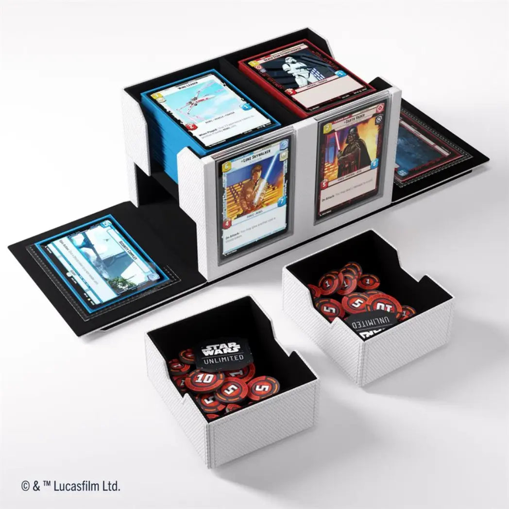 White Double Deck Pod disassembled into three parts: the main card box, a removable lid, and two fold-out token drawers.