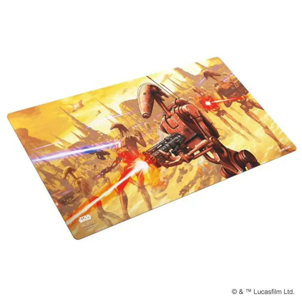 Star Wars: Unlimited game mat featuring Battle Droids on a yellow and tan background