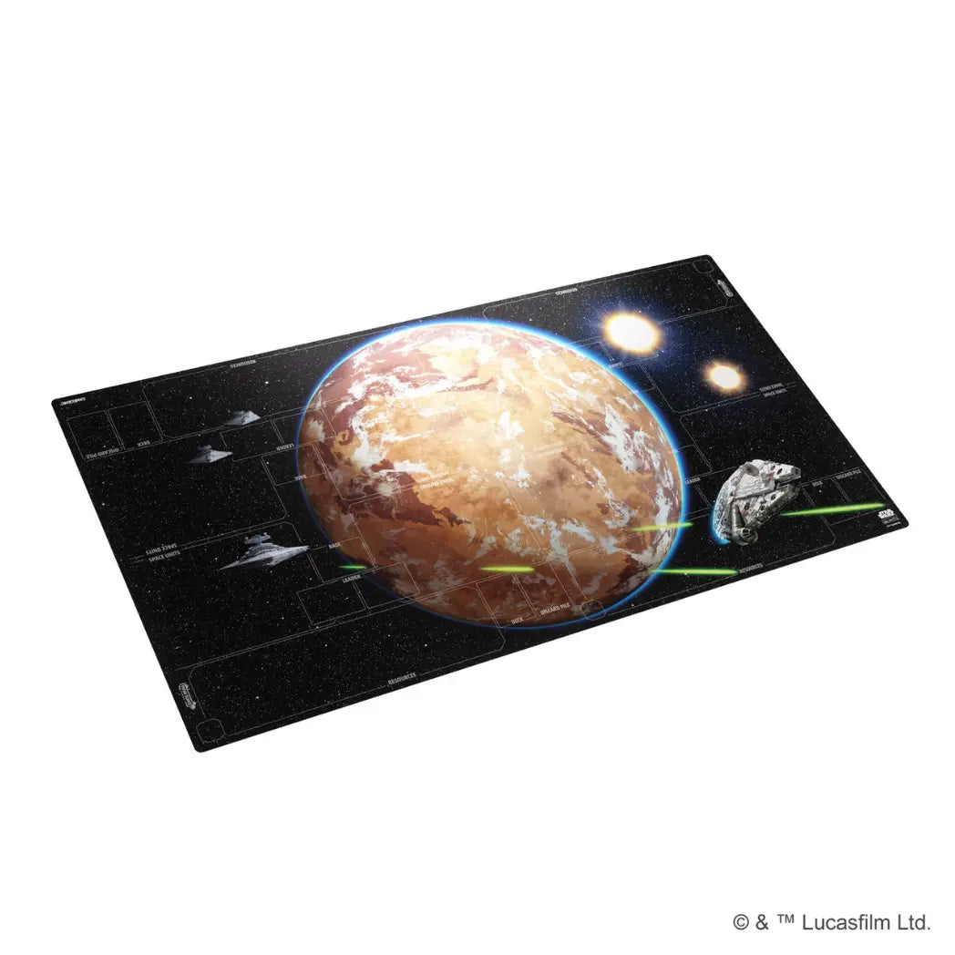 Star Wars: Unlimited game mat featuring a planet and the Millennium Falcon on a black starfield background