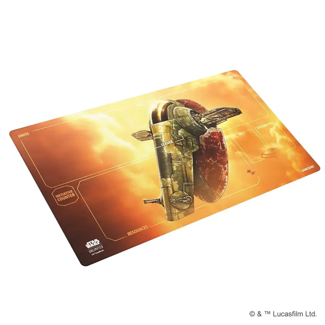 Star Wars: Unlimited game mat featuring Fett’s Firespray on an orange and yellow background