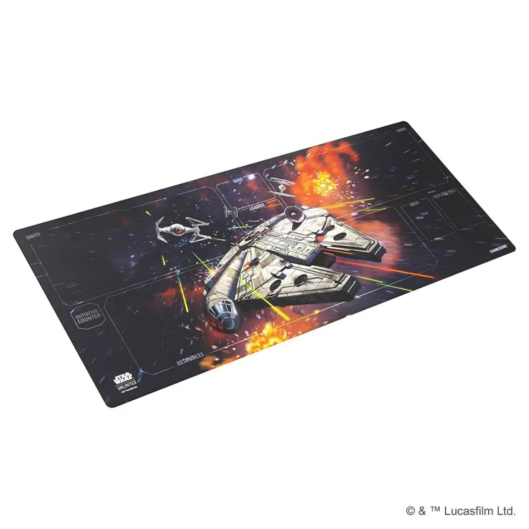 Star Wars: Unlimited game mat featuring the Millennium Falcon being pursued by TIE fighters on a black and orange starfield background
