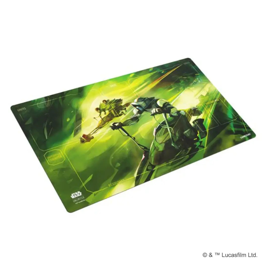 Star Wars: Unlimited game mat featuring a Speeder Bike chase on a green and yellow background