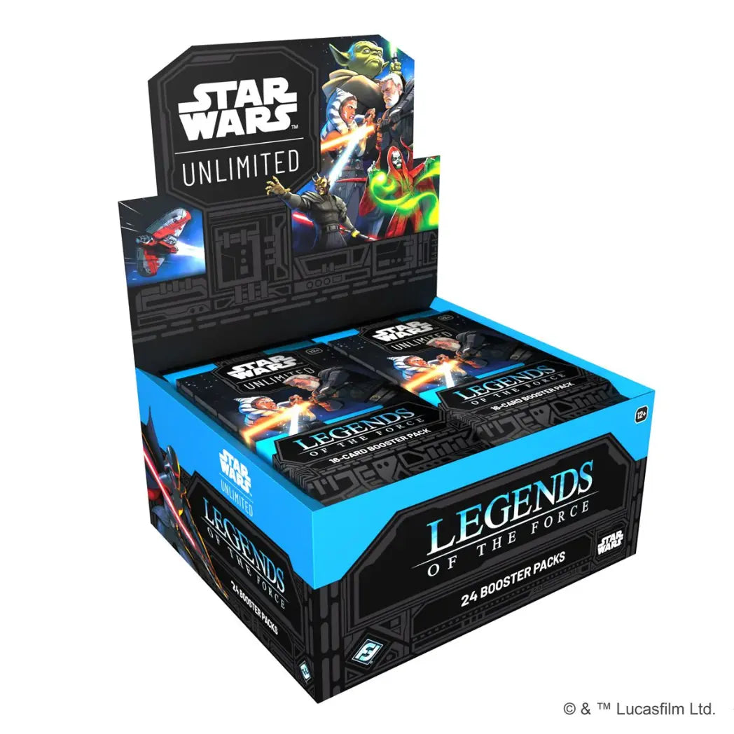 Star Wars: Unlimited - Legends of the Force booster box featuring Yoda, Ahsoka Tano, Baylan Skoll, and Mother Talzin on a blue and black background