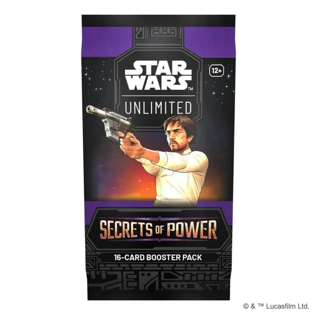 Star Wars: Unlimited - Secrets of Power booster pack featuring Cassian Andor on a purple and black background