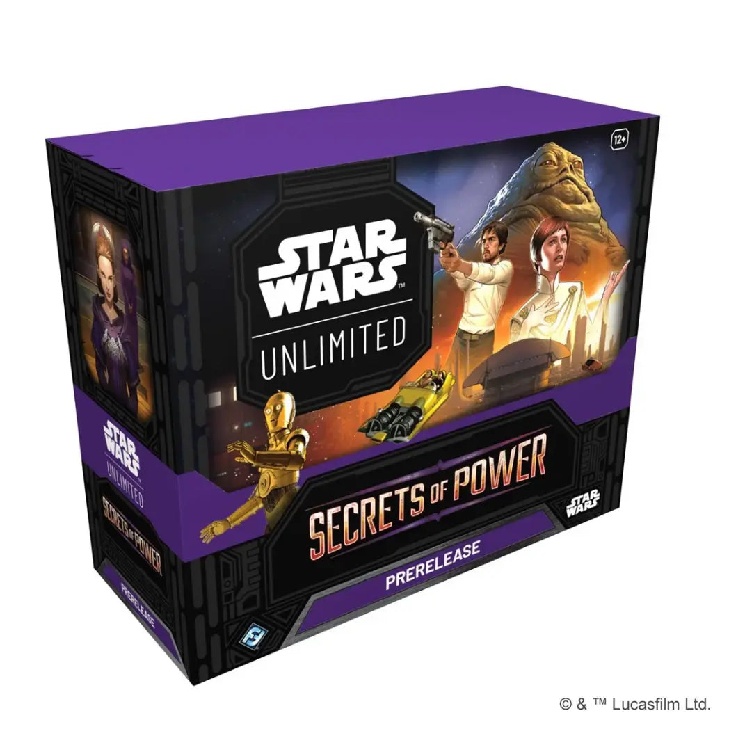 Star Wars: Unlimited - Secrets of Power prerelease box featuring C-3PO, Cassian Andor, Mon Mothma, and Jabba the Hutt on a purple and black background