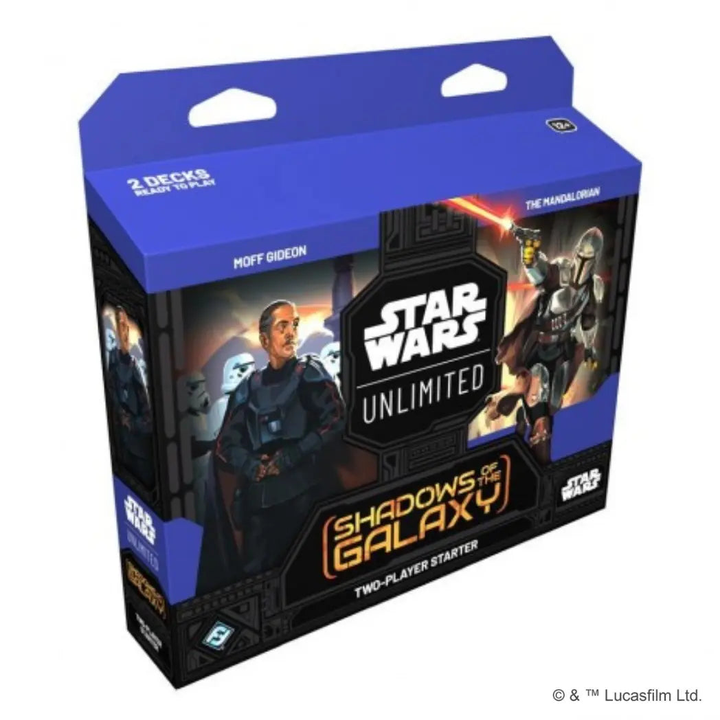 Star Wars: Unlimited - Shadows of the Galaxy Two-Player Starter box featuring Moff Gideon and The Mandalorian on a blue and black background 