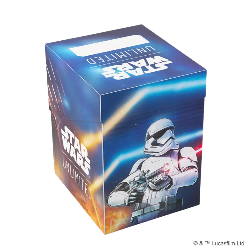 Captain Phasma Soft Crate featuring a First Order Stormtrooper firing a blaster against a dark blue and orange space background.