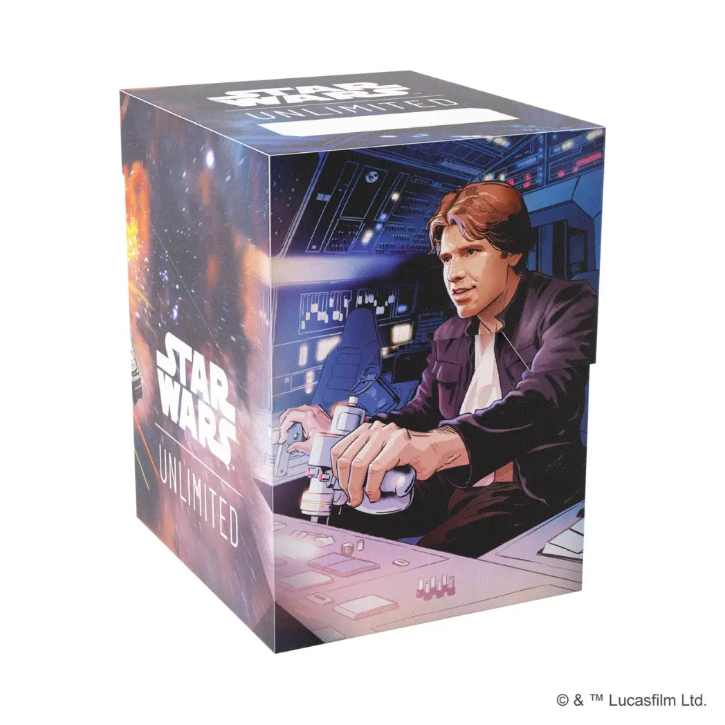 Han Solo Soft Crate featuring Han Solo piloting the Millennium Falcon against a dark blue and purple cockpit background.